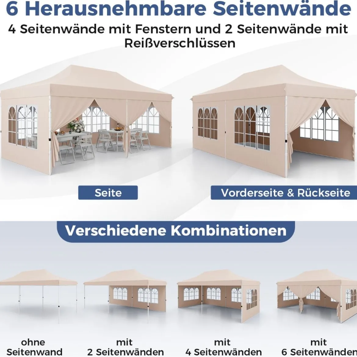 3 x 6 m Pavillon Faltpavillon mit 6 abnehmbaren Seitenwänden & Sandsäcke