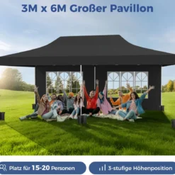 3 x 6 m Pavillon Faltpavillon mit 6 abnehmbaren Seitenwänden & Sandsäcke