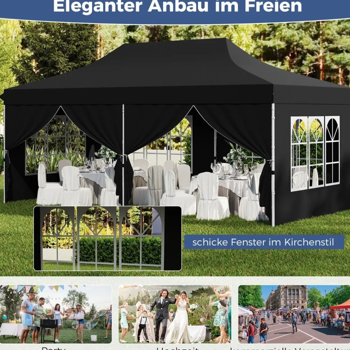 3 x 6 m Pavillon Faltpavillon mit 6 abnehmbaren Seitenwänden & Sandsäcke