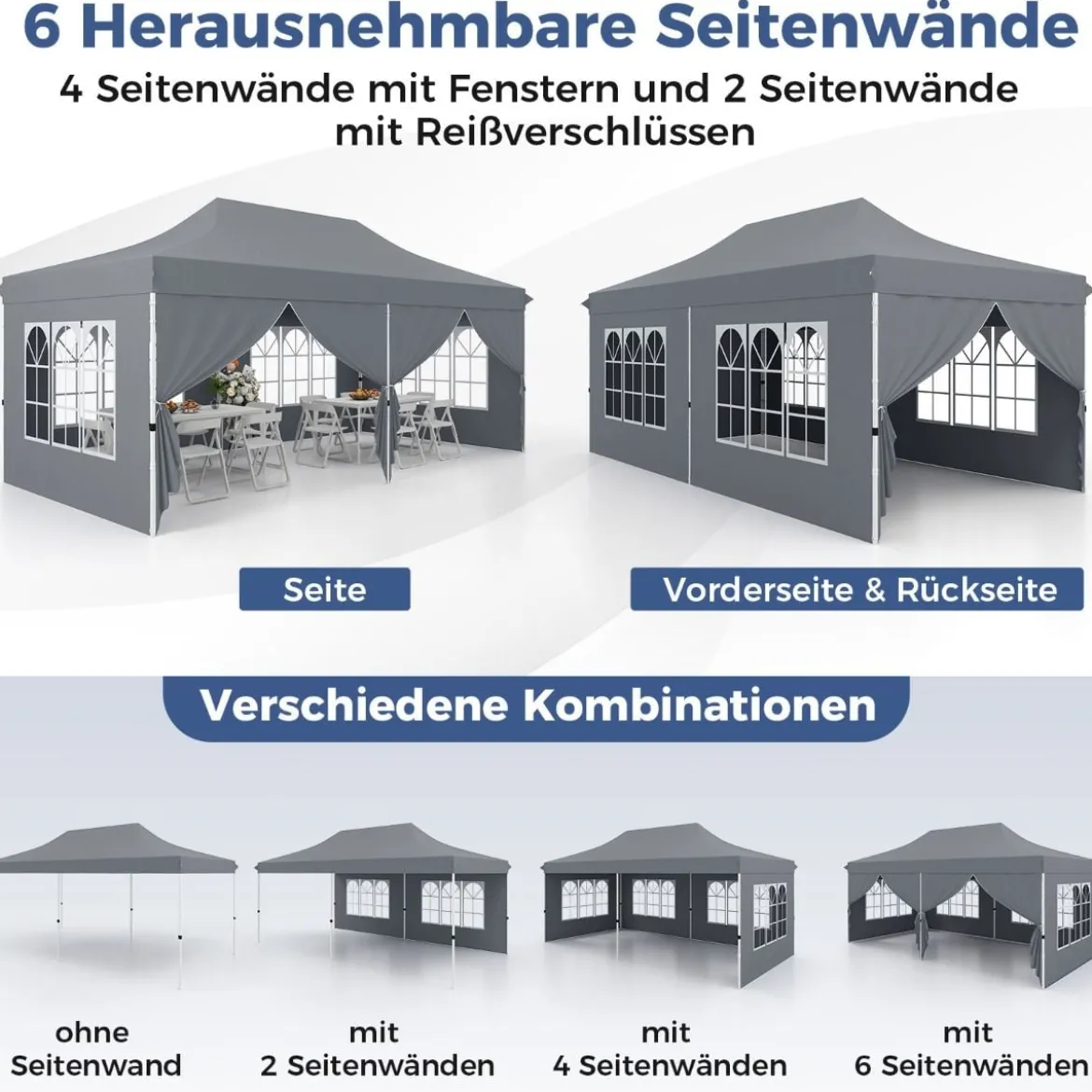3 x 6m Pavillon Faltpavillon mit 6 Abnehmbaren Seitenwänden Höhenverstellbarer Partyzelt Grau
