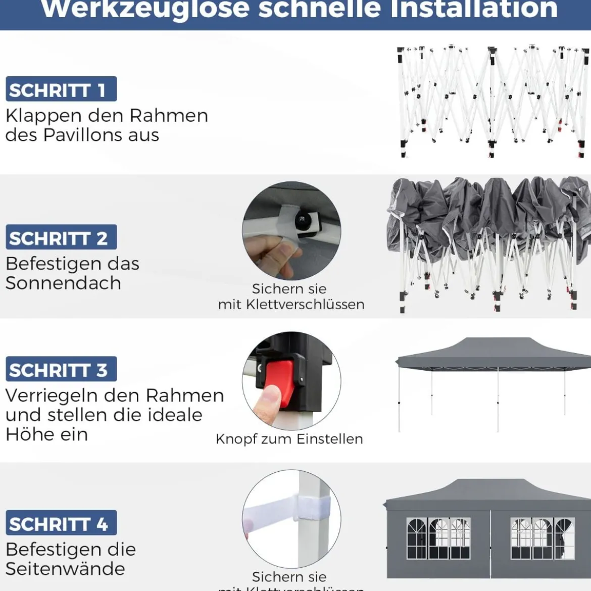 3 x 6m Pavillon Faltpavillon mit 6 Abnehmbaren Seitenwänden Höhenverstellbarer Partyzelt Grau