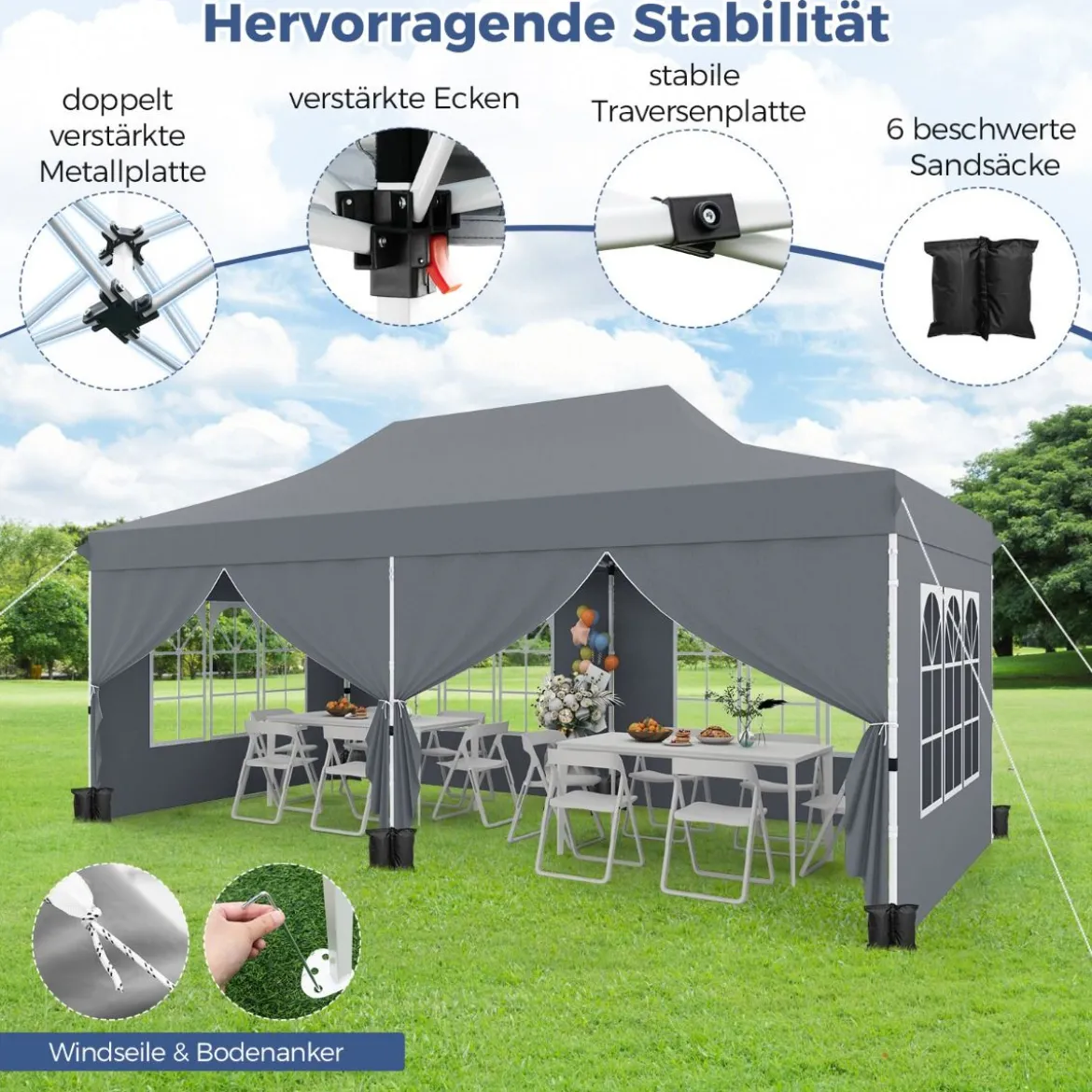 3 x 6m Pavillon Faltpavillon mit 6 Abnehmbaren Seitenwänden Höhenverstellbarer Partyzelt Grau