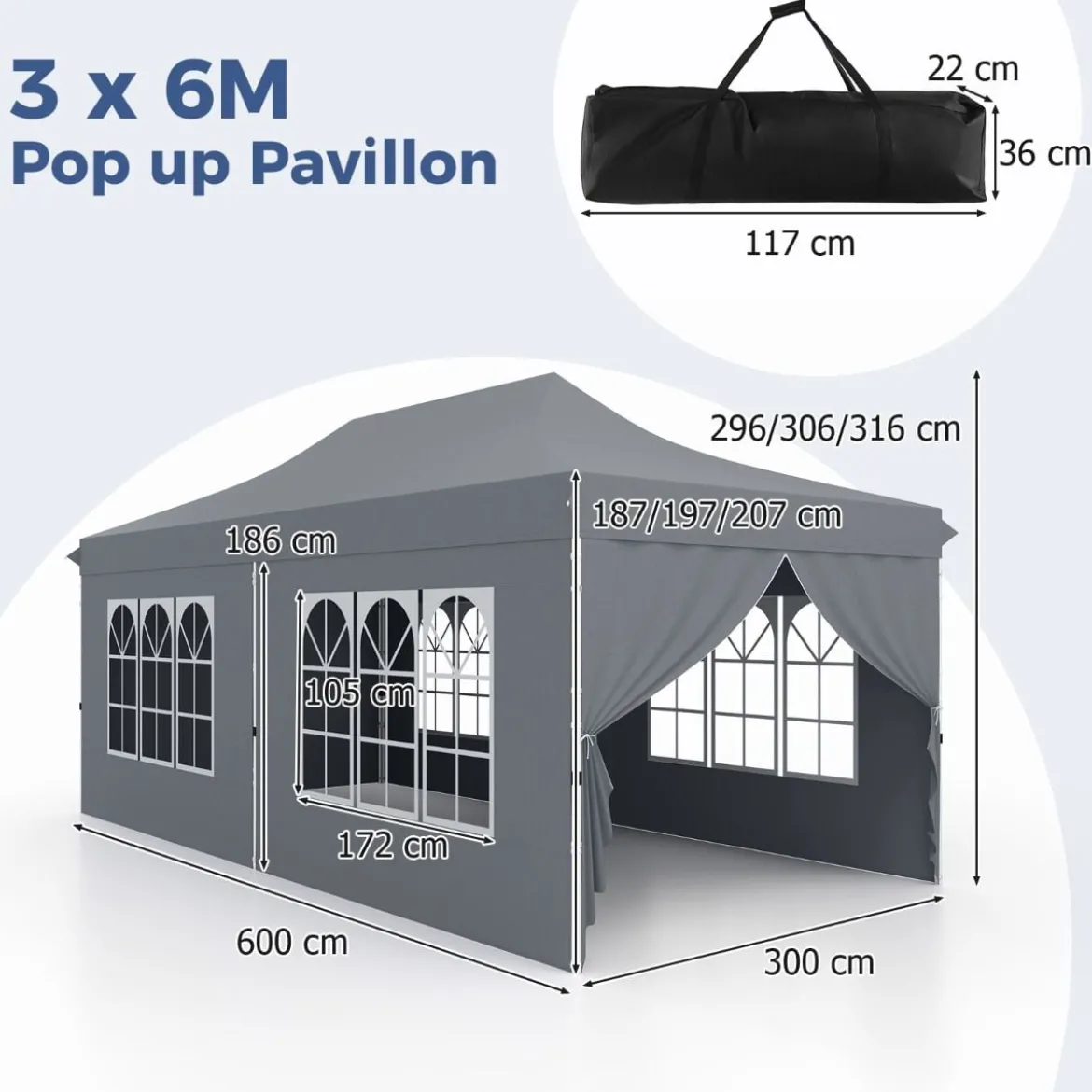 3 x 6m Pavillon Faltpavillon mit 6 Abnehmbaren Seitenwänden Höhenverstellbarer Partyzelt Grau