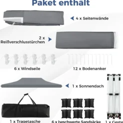 3 x 6m Pavillon Faltpavillon mit 6 Abnehmbaren Seitenwänden Höhenverstellbarer Partyzelt Grau