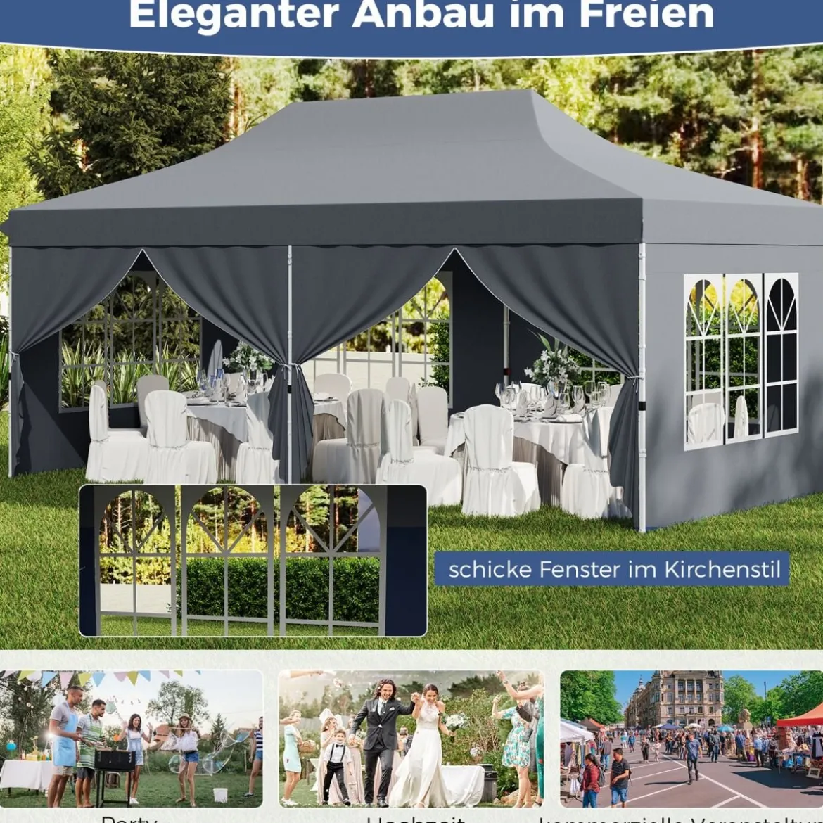 3 x 6m Pavillon Faltpavillon mit 6 Abnehmbaren Seitenwänden Höhenverstellbarer Partyzelt Grau