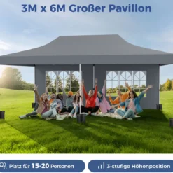3 x 6m Pavillon Faltpavillon mit 6 Abnehmbaren Seitenwänden Höhenverstellbarer Partyzelt Grau