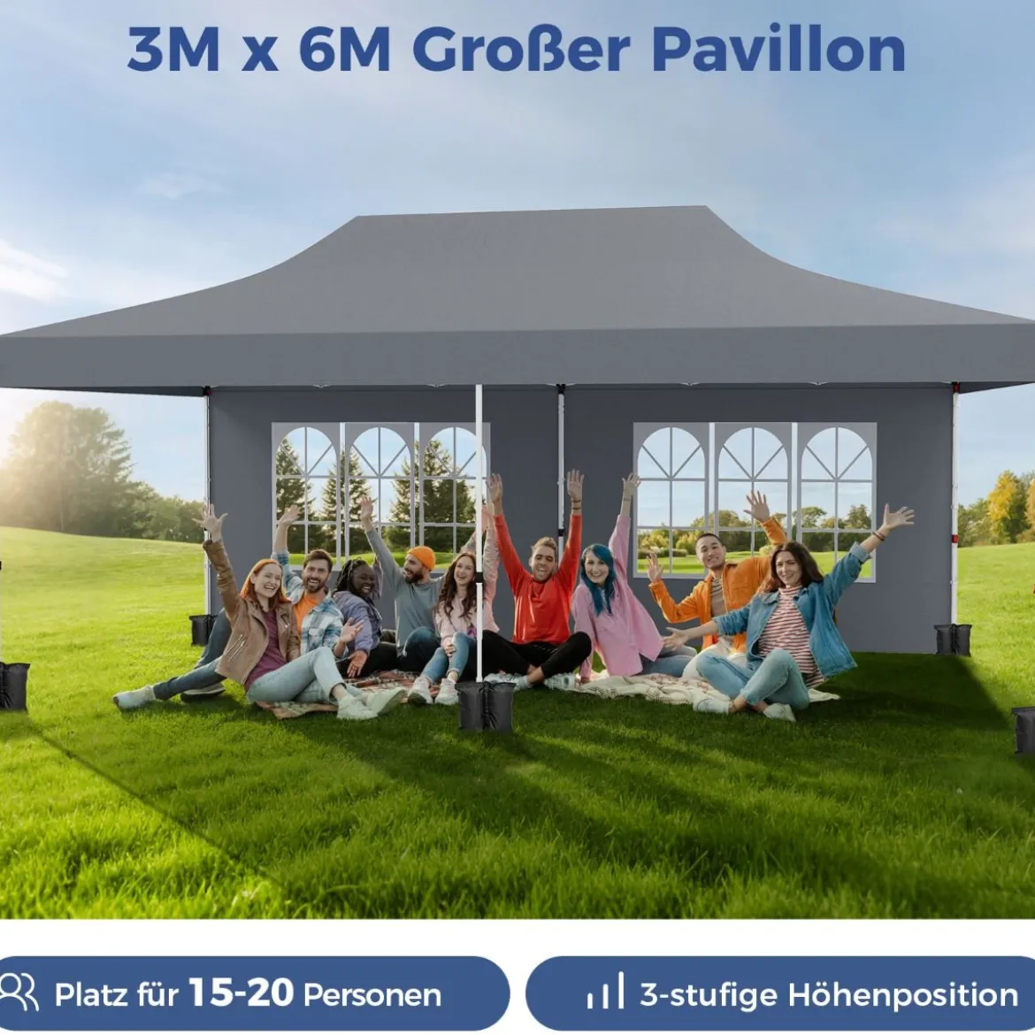 3 x 6m Pavillon Faltpavillon mit 6 Abnehmbaren Seitenwänden Höhenverstellbarer Partyzelt Grau
