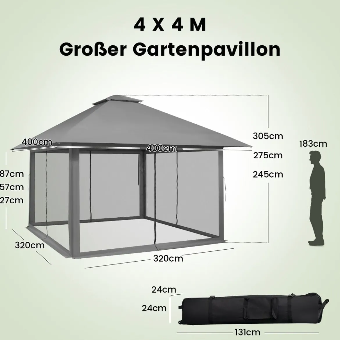 4 x 4 m Pavillon Gartenpavillon mit Netzseitenwänden UV-Schutz 50+ Grau