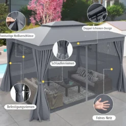 4 x 3 m Pavillon Gartenpavillon mit Netz & Vorhang & Doppeldach Pavillonzelt wasserdicht Sonnenschutz für Terrasse