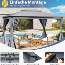 4 x 3 m Pavillon Gartenpavillon mit Netz & Vorhang & Doppeldach Pavillonzelt wasserdicht Sonnenschutz für Terrasse
