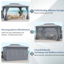 4 x 3 m Pavillon Gartenpavillon mit Netz & Vorhang & Doppeldach Pavillonzelt wasserdicht Sonnenschutz für Terrasse