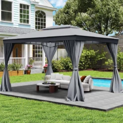 4 x 3 m Pavillon Gartenpavillon mit Netz & Vorhang & Doppeldach Pavillonzelt wasserdicht Sonnenschutz für Terrasse