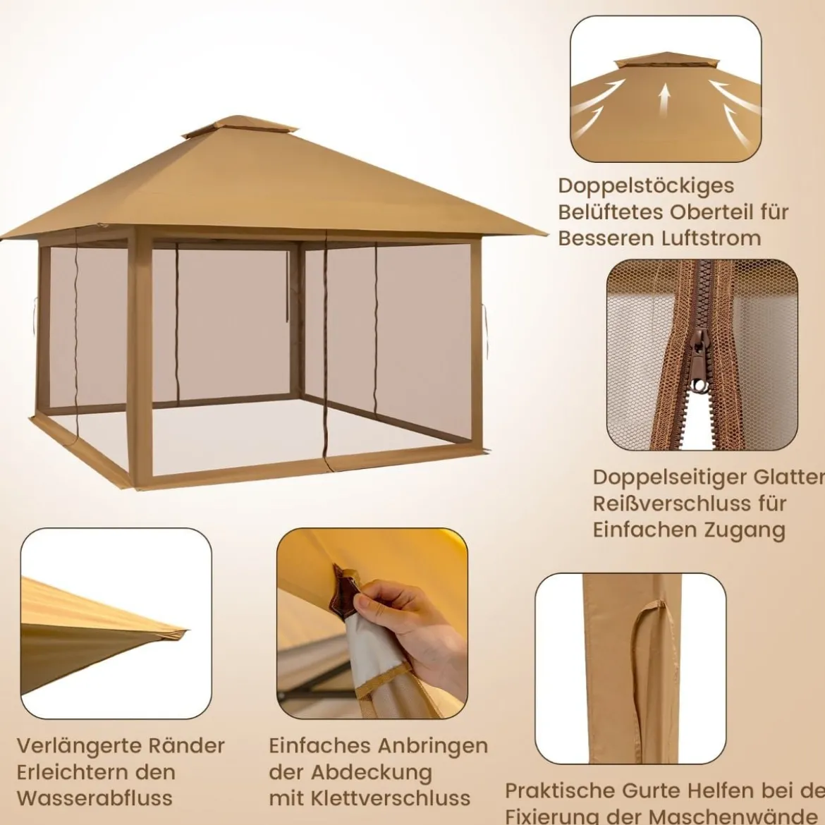 4 x 4 m Pavillon Gartenpavillon mit Netzseitenwänden UV-Schutz 50+ Khaki