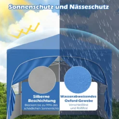 3 x 3 M Pavillon mit 4 abnehmbaren Seitenwänden Gartenzelt inkl. Rolltasche 8 Heringe 4 Anker Blau