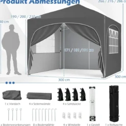 3 x 3 M Pavillon mit 4 Abnehmbaren Seitenwänden Gartenzelt inkl. Rolltasche 8 Heringe 4 Anker Grau