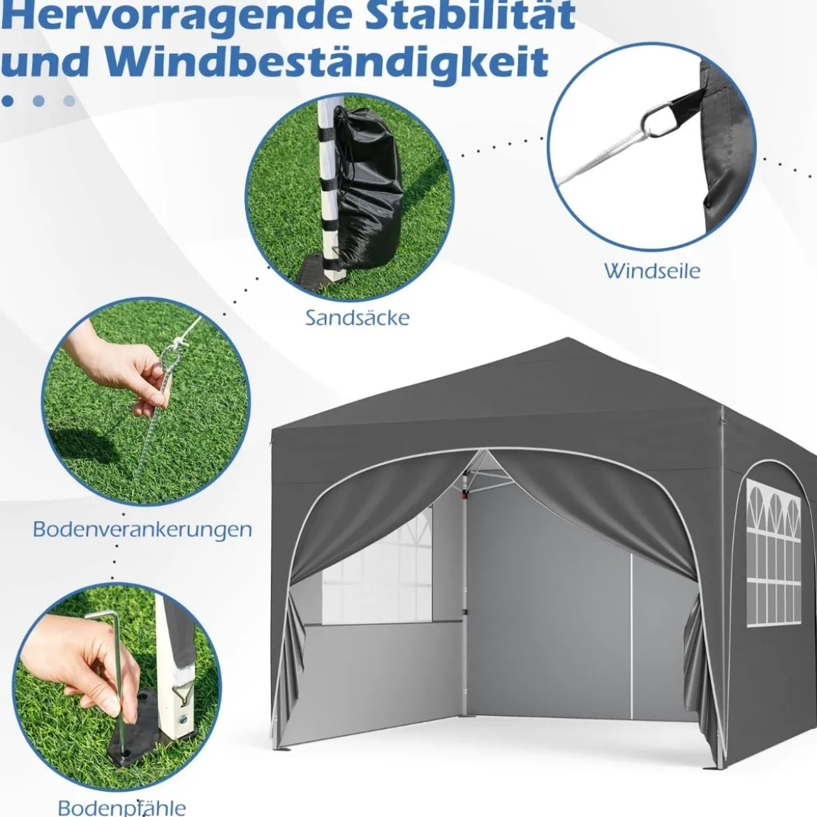 3 x 3 M Pavillon mit 4 Abnehmbaren Seitenwänden Gartenzelt inkl. Rolltasche 8 Heringe 4 Anker Grau