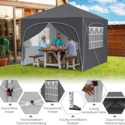 3 x 3 M Pavillon mit 4 Abnehmbaren Seitenwänden Gartenzelt inkl. Rolltasche 8 Heringe 4 Anker Grau