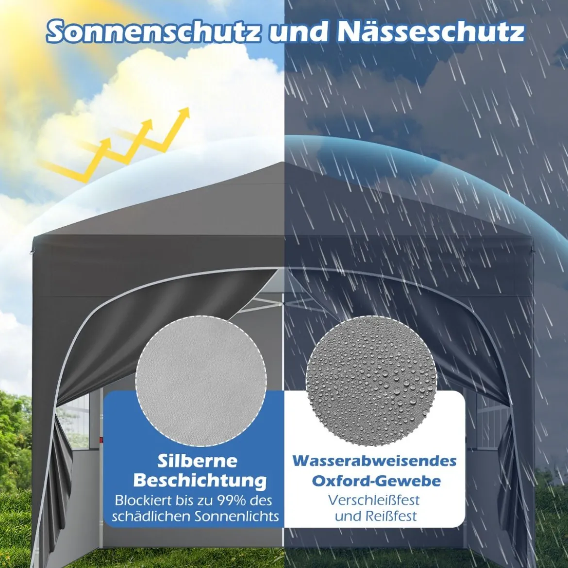3 x 3 M Pavillon mit 4 Abnehmbaren Seitenwänden Gartenzelt inkl. Rolltasche 8 Heringe 4 Anker Grau