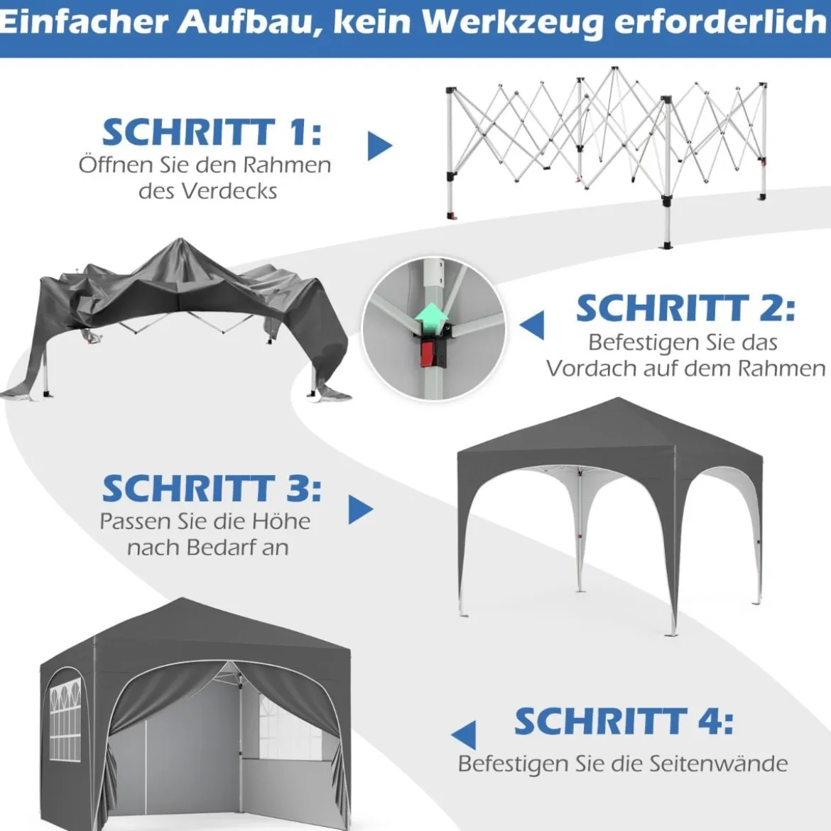 3 x 3 M Pavillon mit 4 Abnehmbaren Seitenwänden Gartenzelt inkl. Rolltasche 8 Heringe 4 Anker Grau