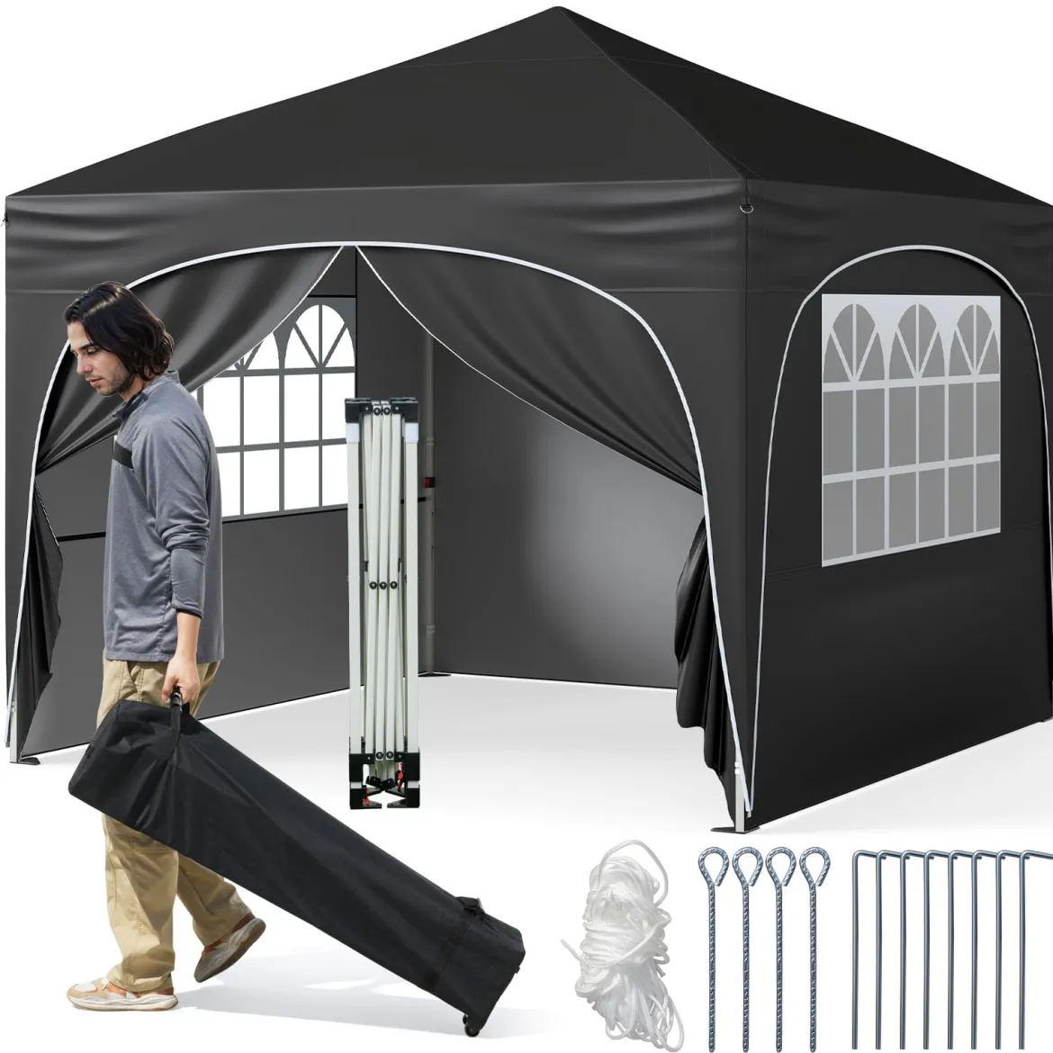 3 x 3 M Pavillon mit 4 abnehmbaren Seitenwänden Gartenzelt inkl. Rolltasche 8 Heringe 4 Anker Schwarz