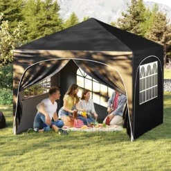 3 x 3 M Pavillon mit 4 abnehmbaren Seitenwänden Gartenzelt inkl. Rolltasche 8 Heringe 4 Anker Schwarz