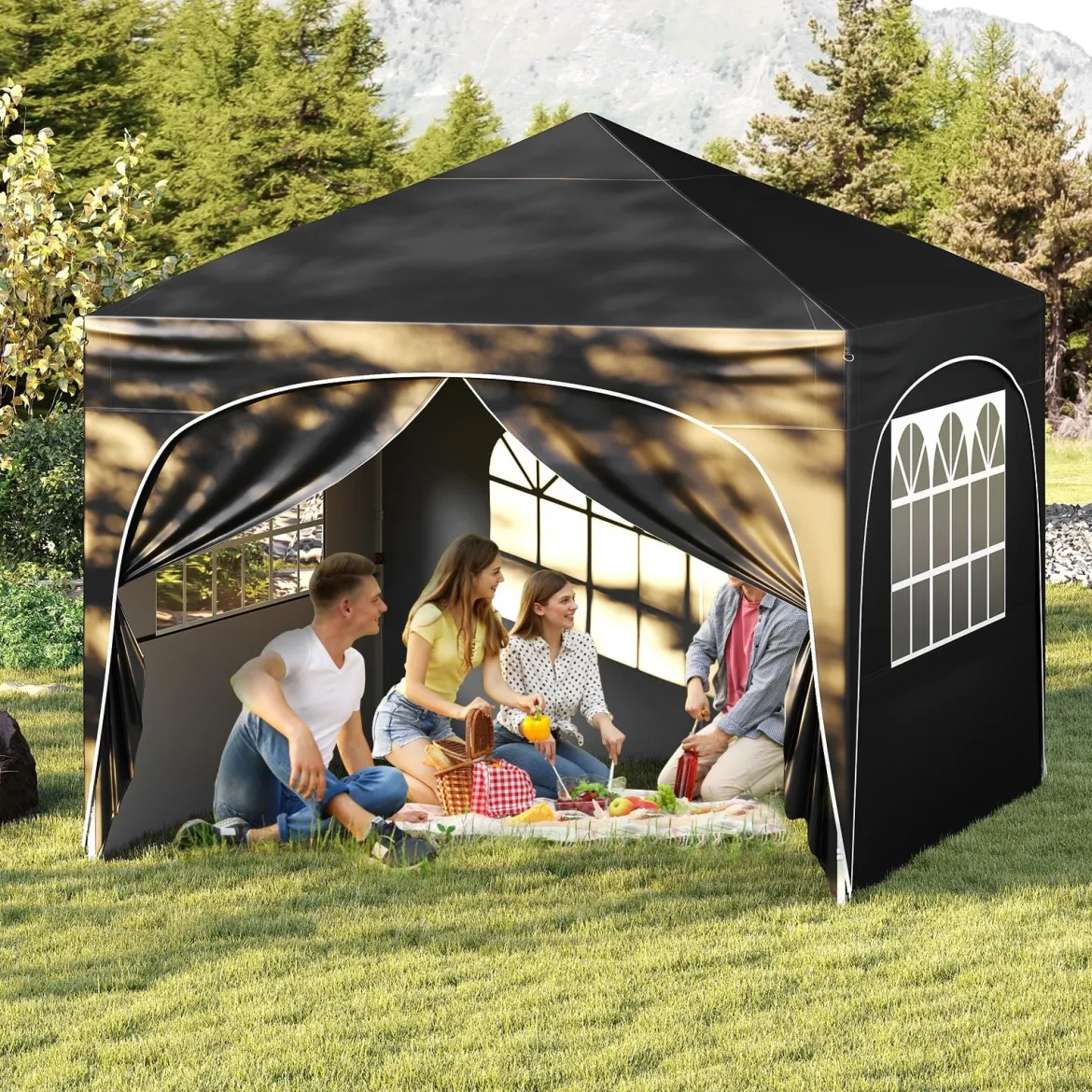 3 x 3 M Pavillon mit 4 abnehmbaren Seitenwänden Gartenzelt inkl. Rolltasche 8 Heringe 4 Anker Schwarz