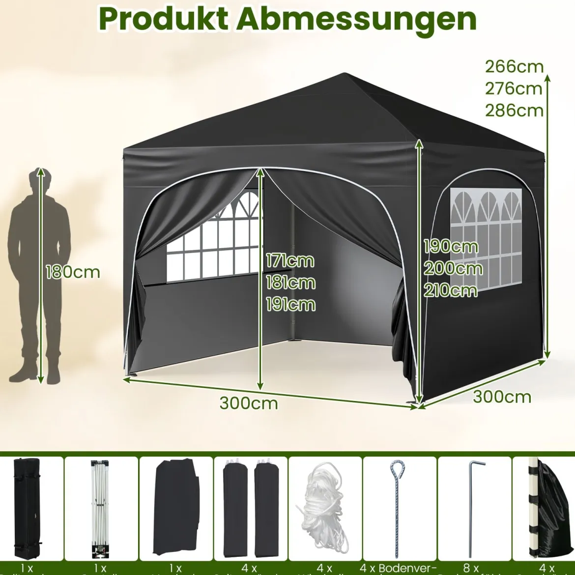 3 x 3 M Pavillon mit 4 abnehmbaren Seitenwänden Gartenzelt inkl. Rolltasche 8 Heringe 4 Anker Schwarz