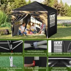 3 x 3 M Pavillon mit 4 abnehmbaren Seitenwänden Gartenzelt inkl. Rolltasche 8 Heringe 4 Anker Schwarz