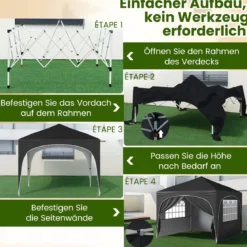 3 x 3 M Pavillon mit 4 abnehmbaren Seitenwänden Gartenzelt inkl. Rolltasche 8 Heringe 4 Anker Schwarz