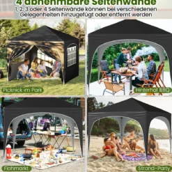 3 x 3 M Pavillon mit 4 abnehmbaren Seitenwänden Gartenzelt inkl. Rolltasche 8 Heringe 4 Anker Schwarz