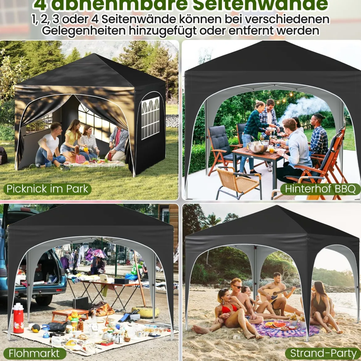 3 x 3 M Pavillon mit 4 abnehmbaren Seitenwänden Gartenzelt inkl. Rolltasche 8 Heringe 4 Anker Schwarz