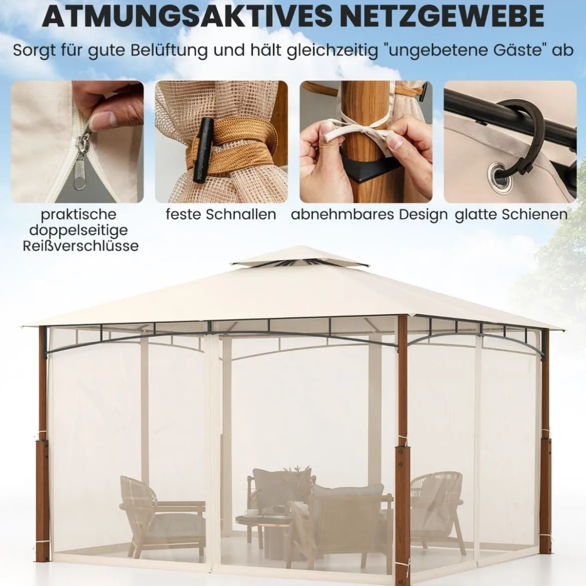 3,6 x 3 m Pavillon mit Doppeldach & Moskitonetz Wasserdichtes Partyzelt Gartenpavillon