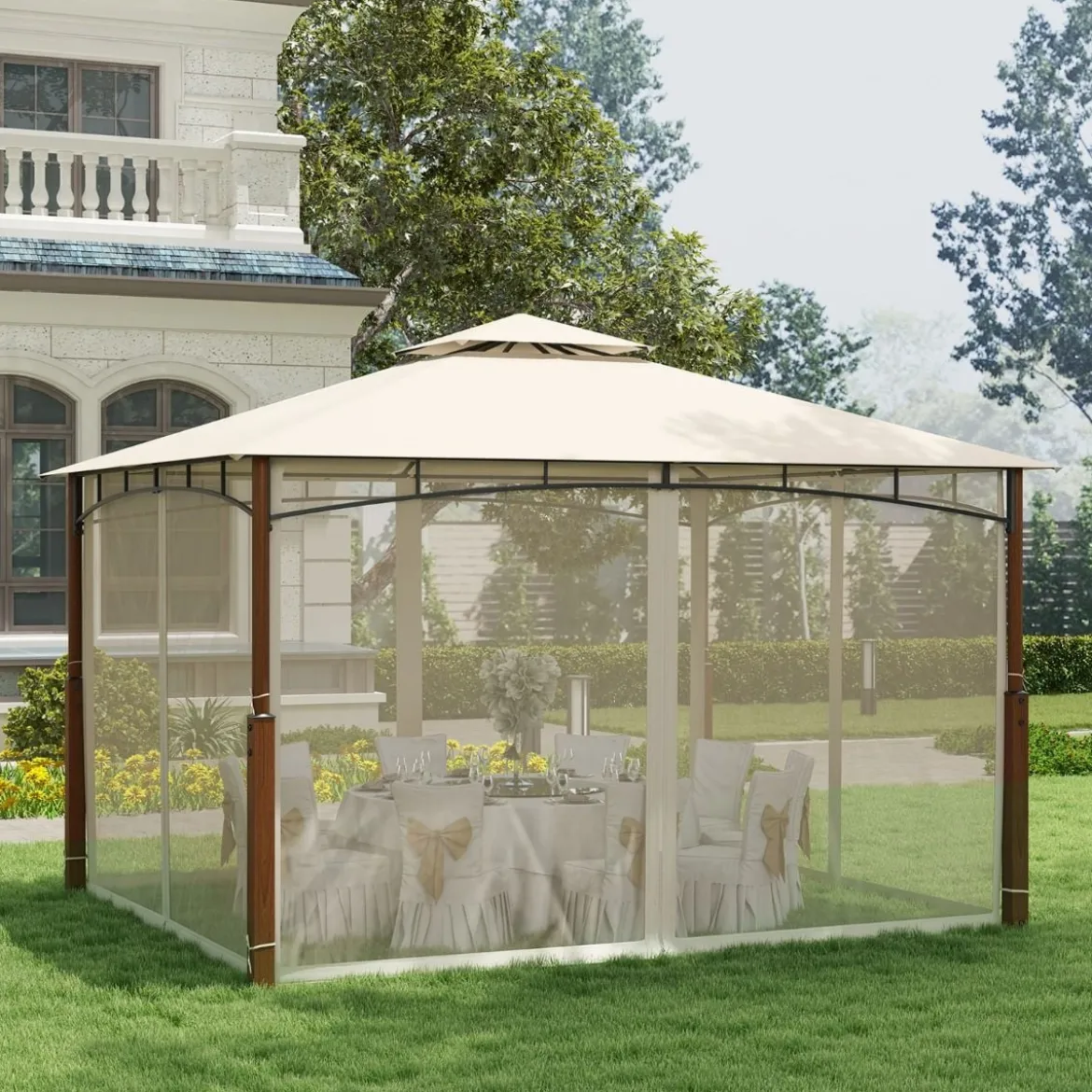 3,6 x 3 m Pavillon mit Doppeldach & Moskitonetz Wasserdichtes Partyzelt Gartenpavillon