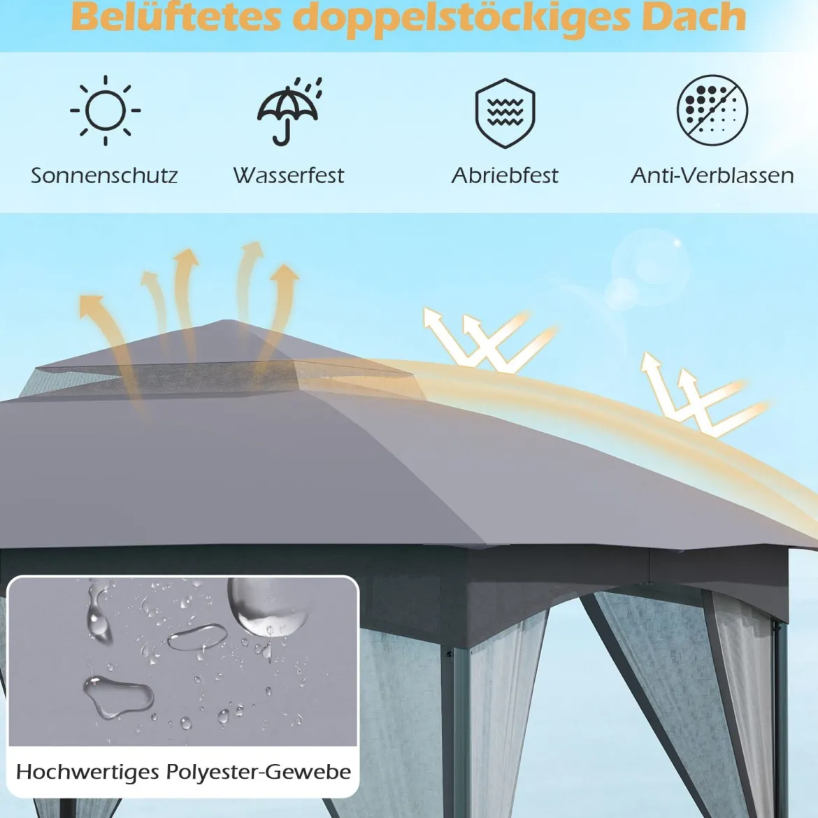 3 x 3 m Pavillon mit Moskitonetz 4 Sandsäcken & Doppeldach wasserdicht stabil winterfest Gartenpavillon für Terrasse Grau