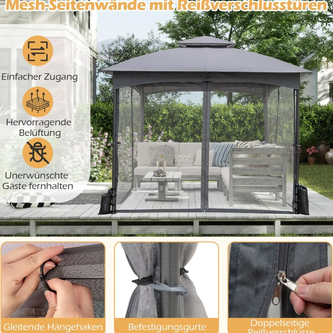 3 x 3 m Pavillon mit Moskitonetz 4 Sandsäcken & Doppeldach wasserdicht stabil winterfest Gartenpavillon für Terrasse Grau