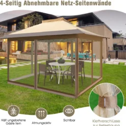 3,6 x 3,6 m Pavillon mit Moskitonetz und Doppeldach UV-Schutz 50+ Faltpavillon Khaki