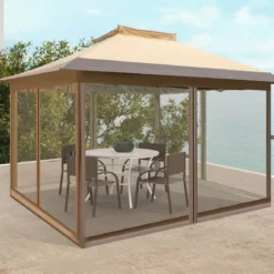 3,6 x 3,6 m Pavillon mit Moskitonetz und Doppeldach UV-Schutz 50+ Faltpavillon Khaki