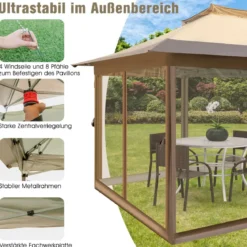 3,6 x 3,6 m Pavillon mit Moskitonetz und Doppeldach UV-Schutz 50+ Faltpavillon Khaki