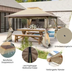 3,6 x 3,6 m Pavillon mit Moskitonetz und Doppeldach UV-Schutz 50+ Faltpavillon Khaki