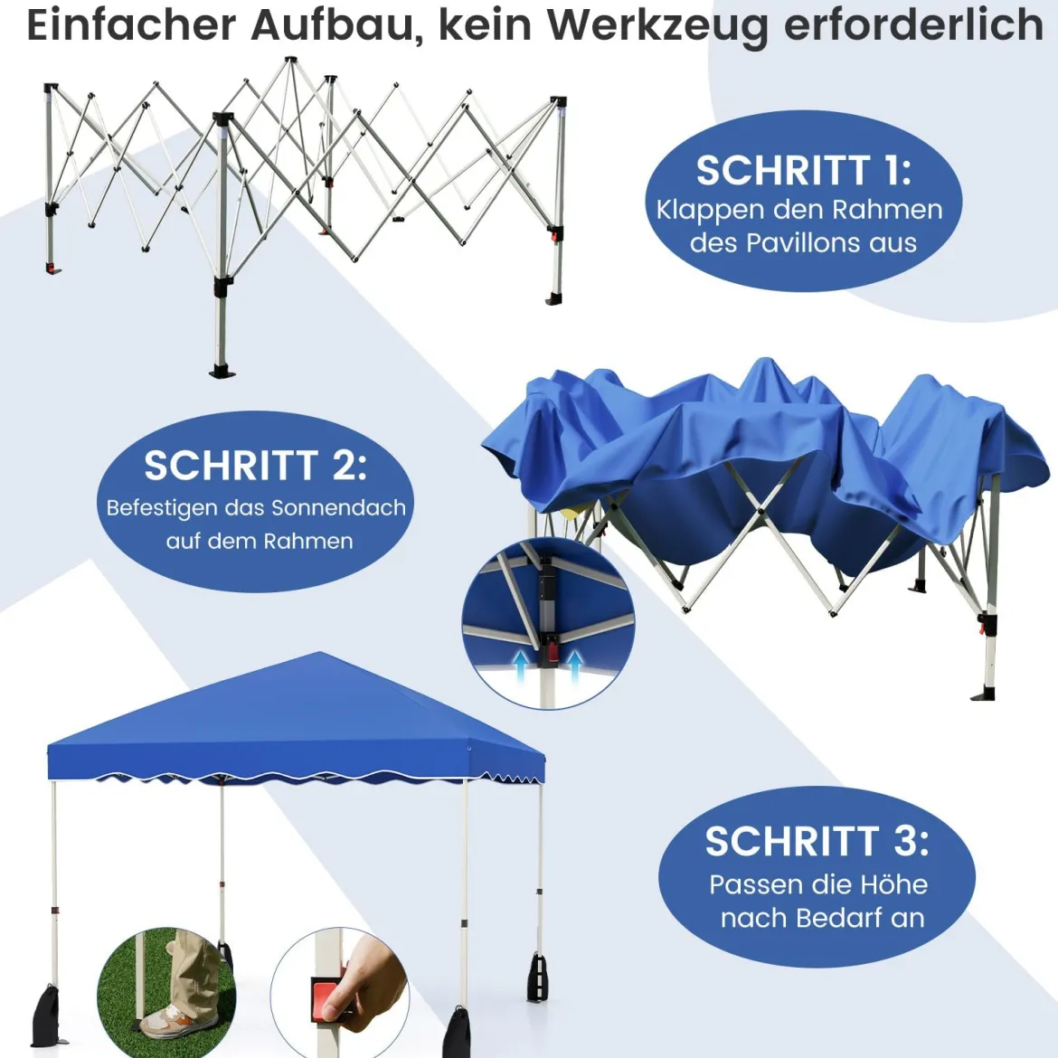 3 x 3 m Pavillon Wasserdichter Faltpavillon mit Rolltasche Winterfestes Gartenzelt Gartenpavillon Blau