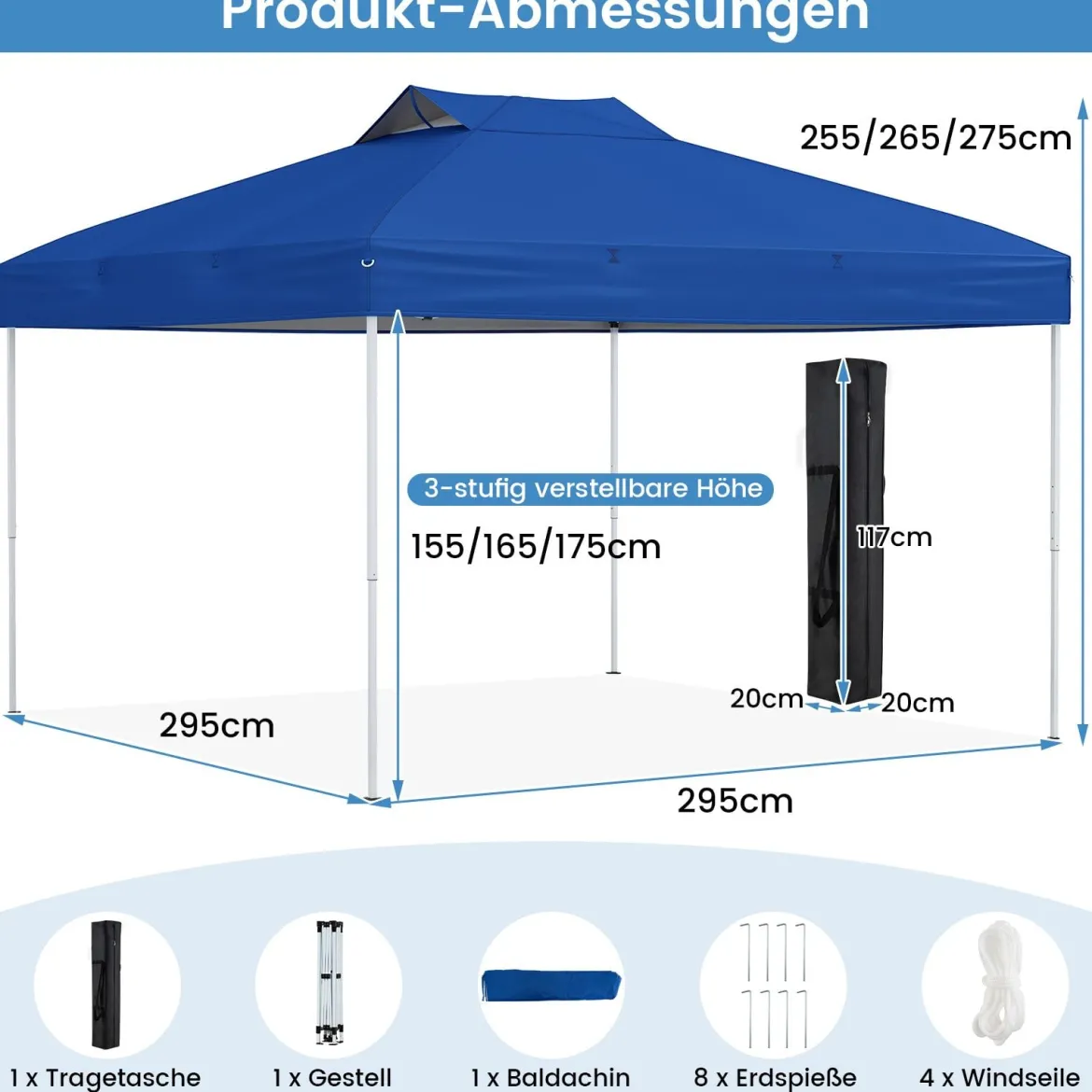 3 x 3 m Pavillon Wasserdichter Faltpavillon UV-Schutz 50+ Partyzelt Faltzelt Gartenpavillon Blau