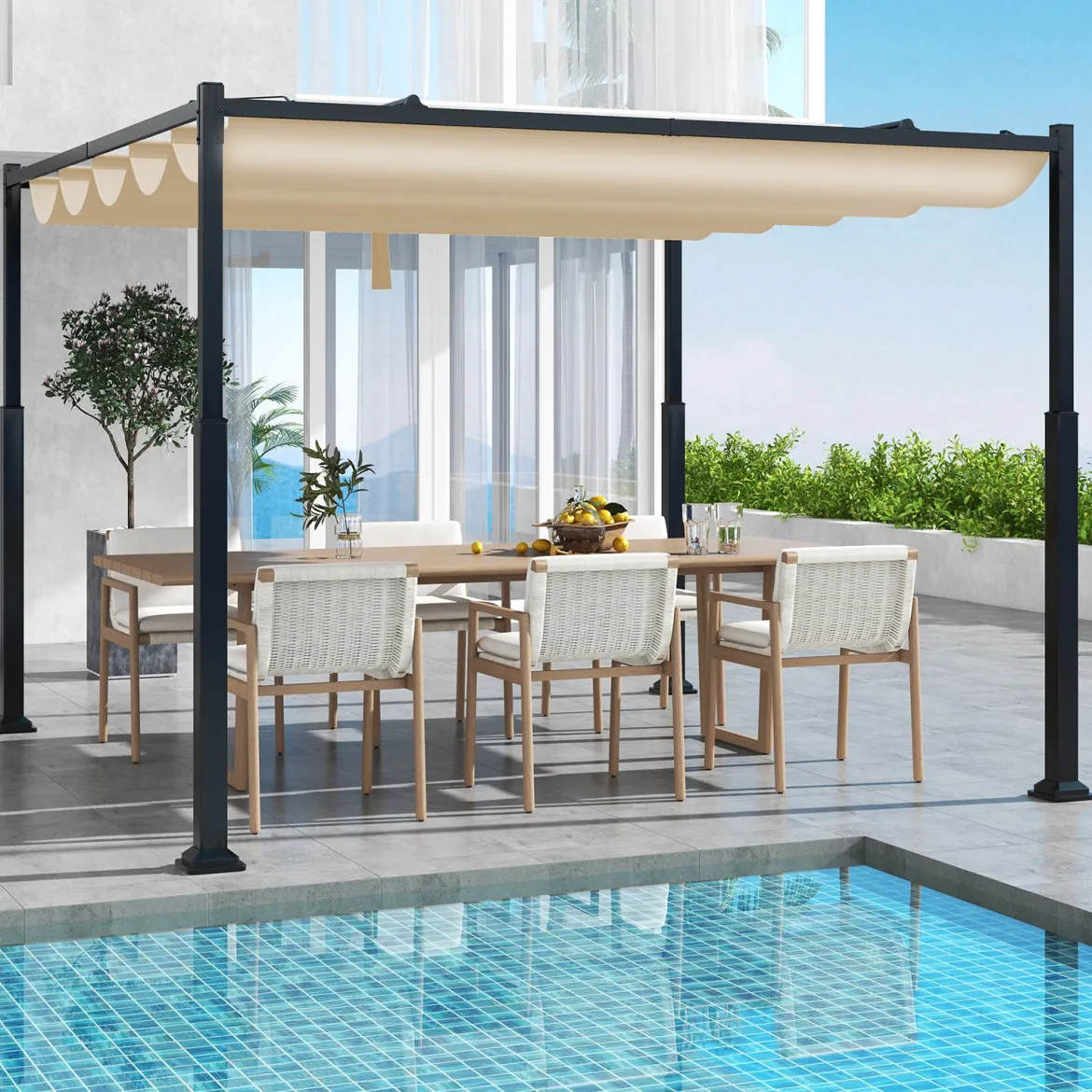 3,1 x 3,1 m Pergola mit Schiebedach Wasserdichter Pavillon Winterfester Gartenpavillon Beige