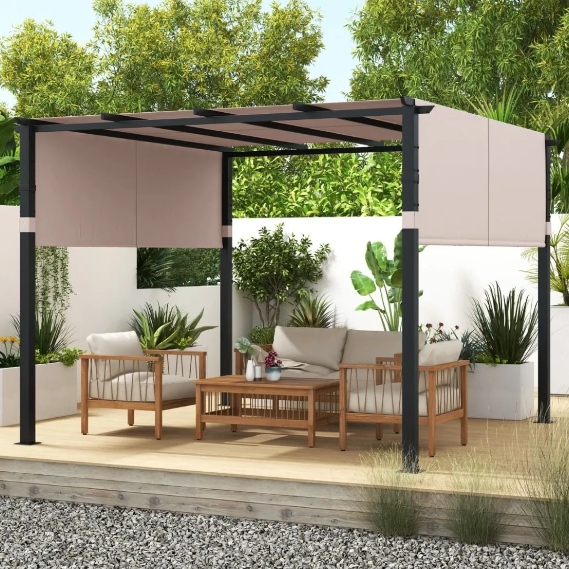 3,05x3,05m Pergola mit 2 Verstellbaren Dächern Wasserdichter Stabiler Winterfester Pavillon Beige