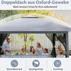 4 x 4 m Pop Up Faltpavillon mit 4 Moskitonetz & Doppeldach Gartenpavillon inkl. Tragetasche Grau