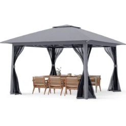 4 x 4 m Pop Up Faltpavillon mit 4 Moskitonetz & Doppeldach Gartenpavillon inkl. Tragetasche Grau