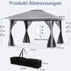 4 x 4 m Pop Up Faltpavillon mit 4 Moskitonetz & Doppeldach Gartenpavillon inkl. Tragetasche Grau