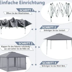 4 x 4 m Pop Up Faltpavillon mit 4 Moskitonetz & Doppeldach Gartenpavillon inkl. Tragetasche Grau