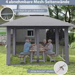 4 x 4 m Pop Up Faltpavillon mit 4 Moskitonetz & Doppeldach Gartenpavillon inkl. Tragetasche Grau