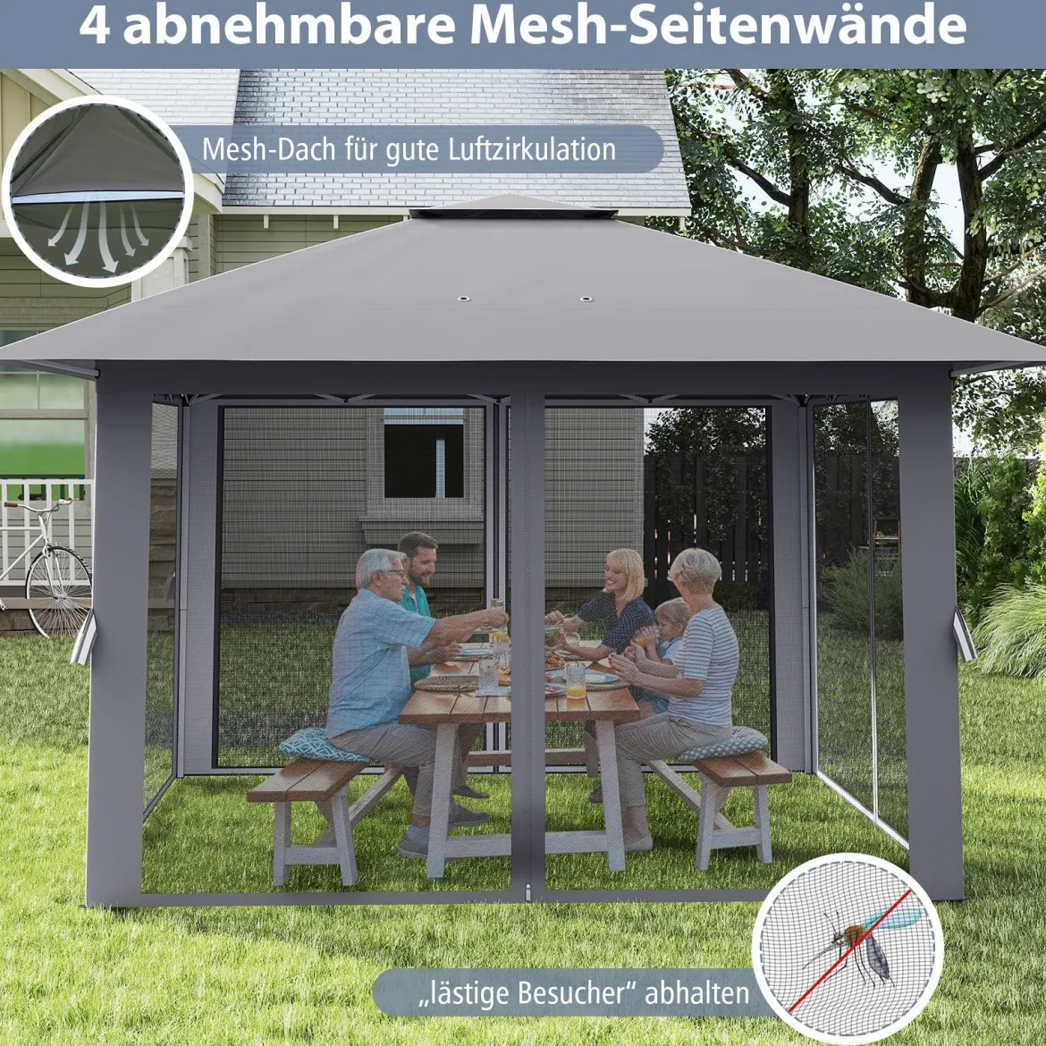 4 x 4 m Pop Up Faltpavillon mit 4 Moskitonetz & Doppeldach Gartenpavillon inkl. Tragetasche Grau