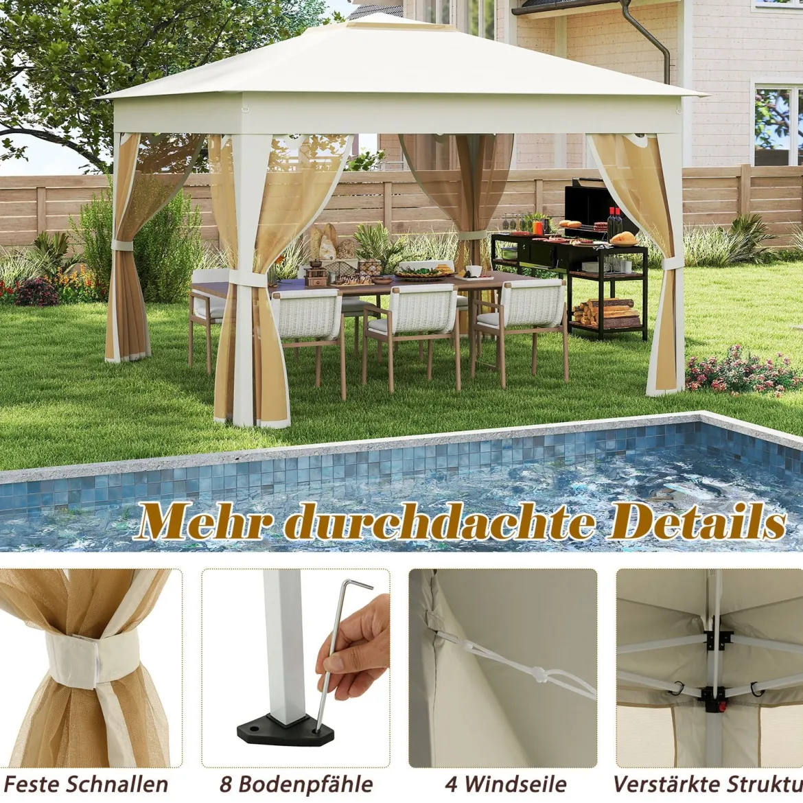 3,4 x 3,4 m Pop Up Faltpavillon mit 4 Moskitonetz & Doppeldach Gartenpavillon inkl. Tragetasche Beige